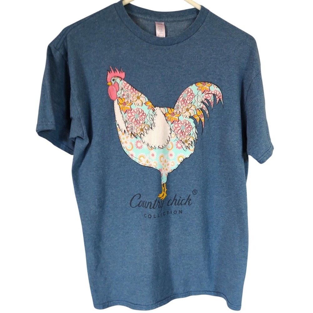 Country Chick Collection Tee Shirt Dazzle Up Chicken Blue Womens Medium SEE‎